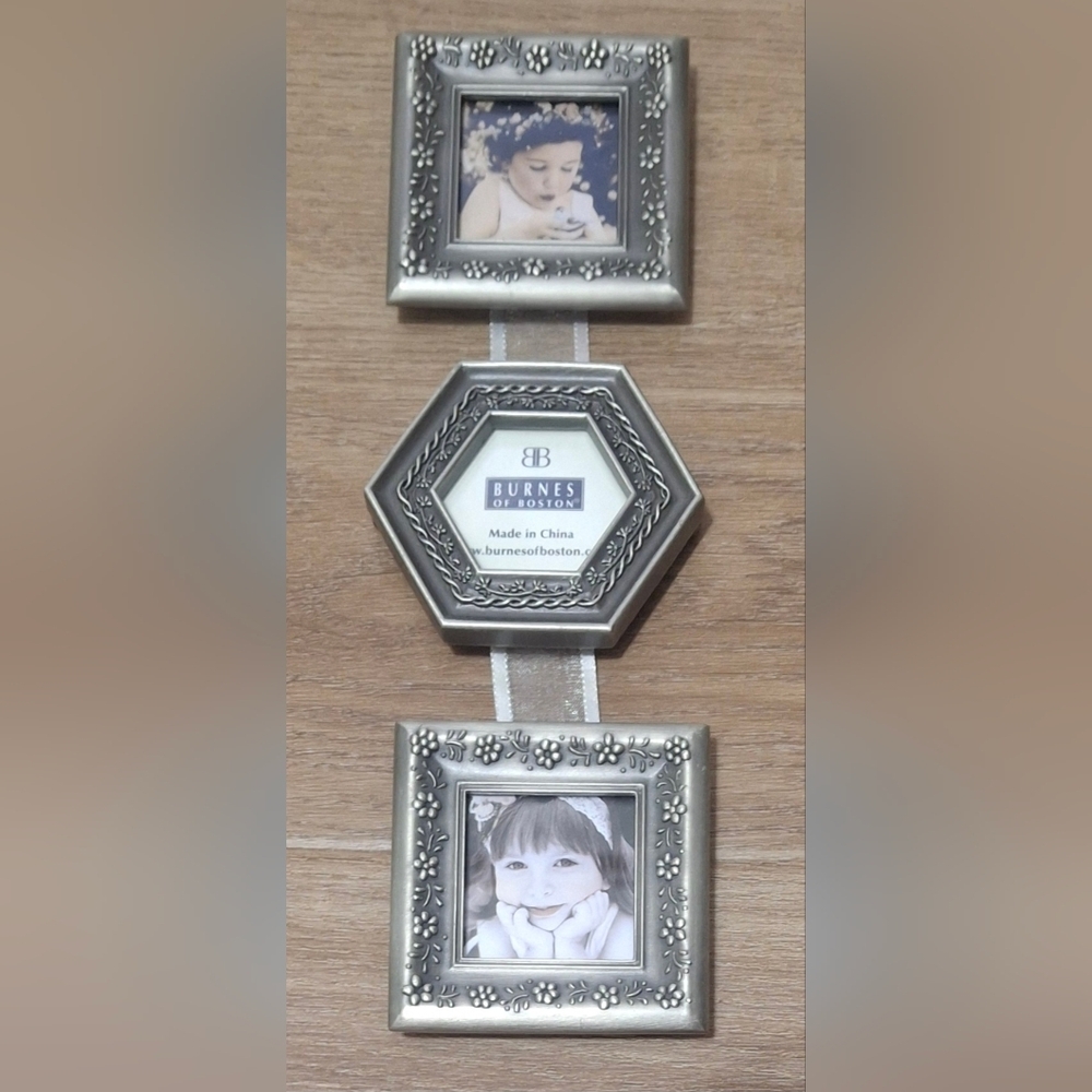 Burns of Boston Ashford Triple Hanging 3 Miniature Pewter Frames 2.25" w Ribbon